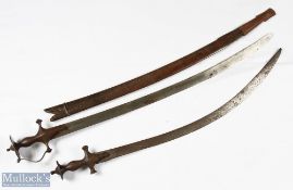 Two 19th centuryIndian Talwar swords one having knuckle guard and scabbard, blade length 77cm, the