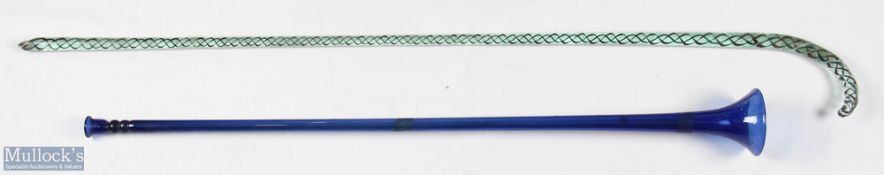 Victorian spiral glass walking stick and frigger trumpet - walking stick with hook handle with