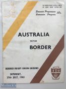 V Scarce 1963 Border v Australia Rugby Programme: Issue from the Wallabies SA tour game played at