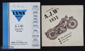 A J W Lynx Models 1935 - 4 page brochure illustrating their two models of 250cc Motor Cycles with
