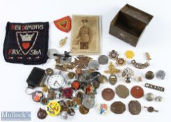 WWI and WWII Military Cap Badges, Buttons, Title, Tags, 1942 Tin, plus police buttons, commemorative