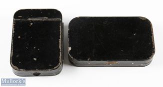 G Farlow & Co black japanned fly and cast tins, 10x metal lidded fly compartments with cast and