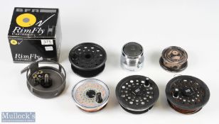 Mixed lot, spools and reel frame: 1x BFR Rimfly cartridge, 3 unused in box; 1x Mitchell spool; 2x