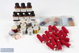 Items for fly tying - 5x bottles Gordon Griffith liquid wax; 3x bars of hard wax; 11x spool of tying