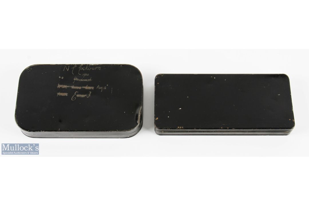 A fine pair of unnamed black japanned fly tins comprising 1x 6 1/2" x 3" with 15 metal lidded - Image 1 of 2