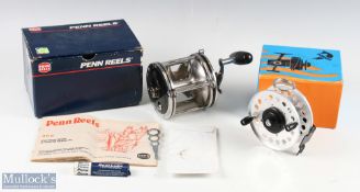 Penn 114 Senator 6/0 multiplier boat reel, large black 'T' handle and harness and loops, in original