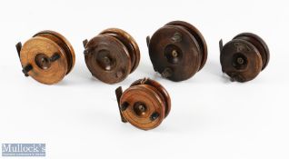 A collection of 5x traditional mahogany and brass fly reels, 3