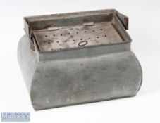 Aluminium live bait kettle with perforated hinged lid, handle, measures 24x17x12cm approx.