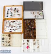 6x wood and plastic fly boxes with over 200x mixed wet and dry trout flies (6)