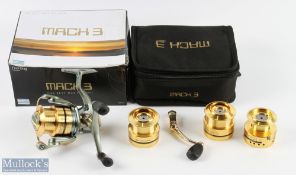 Shakespeare Mach 3 fixed spool reel with 3 spare spools, spare handle, in zip case and box with