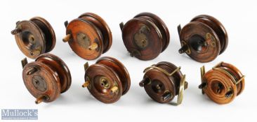 8x Various wood and brass starback reels includes a Milwards stamped 3