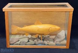 Wooden Carved Salmon in a Glass Display, 1989 - by a M Stalley, size #41cm x 27cm x 18cm