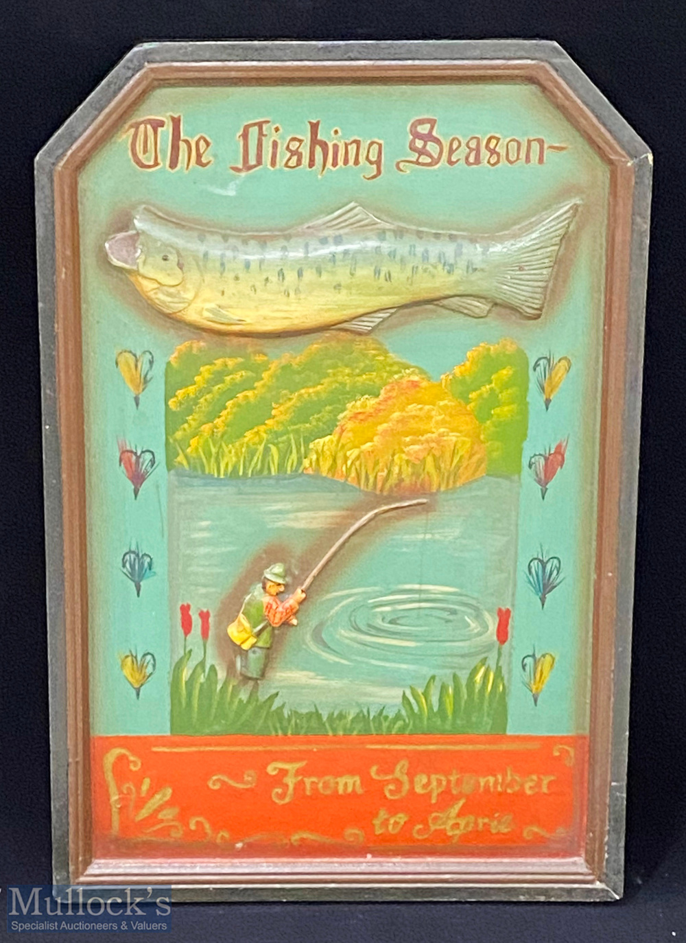 Painted decorative wooden Fishing Sign -The Fishing Season, with a fisherman and salmon in