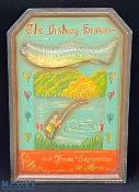 Painted decorative wooden Fishing Sign -The Fishing Season, with a fisherman and salmon in