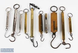 A collection of spring scales in brass and chrome ranging from 4lb to 50lb, 9 in total with one