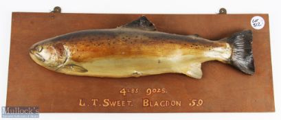 Cast Brown Trout mounted on board a 4lbs 9ozs trout caught by L T Sweet, Blagdon, '59, fish length