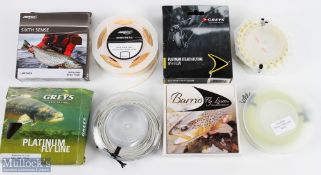 A collection of trout fly lines comprising: unused Airflo Sixth Sense WR 3/4 floating, Grey's
