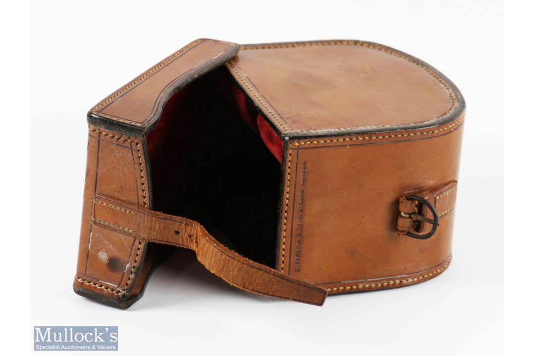 C Farlow & Co, 191 The Strand, London, 'D' block leather reel case, 4 1/4" x 3" with red lining, - Image 2 of 2