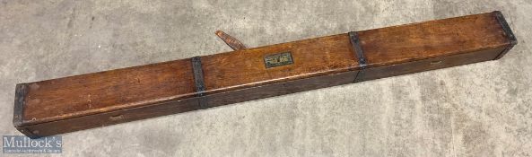 Early 20th century Hardy Bros oak rod carry trunk with makers metal plaque to top, iron metal