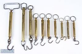 A collection of 9 Salter brass spring balance scales and one A Siere London brass scales, ranging