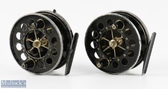 2x Allcock Aerial 3.75 centre pin reels in black finish, caged spool core, on/off check, some