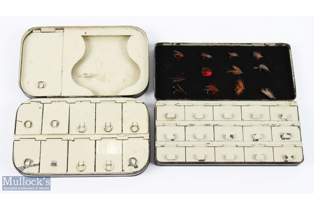 A fine pair of unnamed black japanned fly tins comprising 1x 6 1/2" x 3" with 15 metal lidded - Image 2 of 2