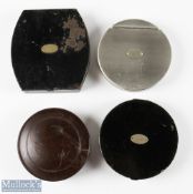 A collection of Hardy Bros cast tins: one round black japanned tin with flies; one black japanned