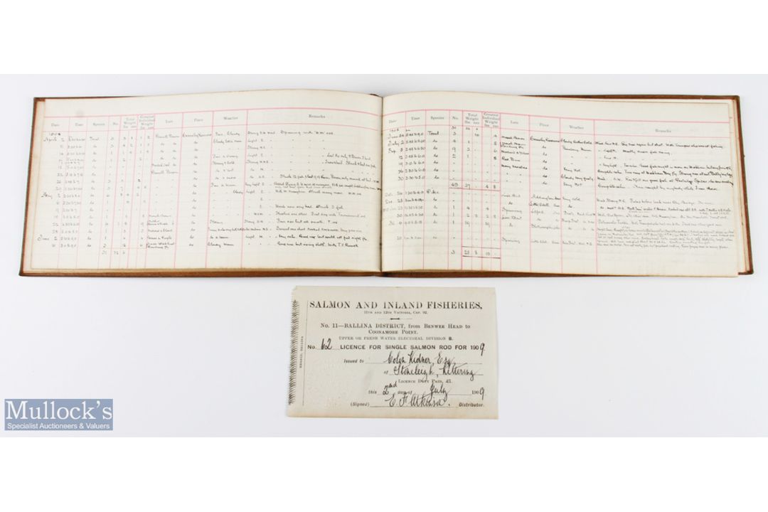 1908-1909 Fishing Diary Register: a leather-bound book with the name of Colin Kindner in gold - Image 2 of 2
