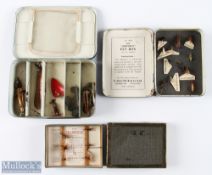 A blue tin with fitted interior with a selection of Hardy spinning tackle; S Allcock Smithson fly