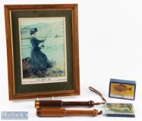 A collection of fishing related items, to include: 2x wood turned priests, both with weighted