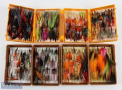 Over 230 salmon flies - various sizes in doubles and singles, in 2x Fox deep boxes and 2x yellow
