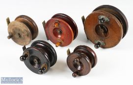 A collection of wood and brass reels, consisting of: 1x 5
