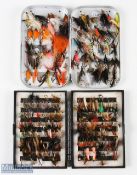 Richard Wheatley slim alloy 70x clip fly box with 70x sea trout flies; John Goddard plastic fly