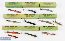Collection of Percy Wadhams artificial baits in original boxes, all painted by Alfred Barnes