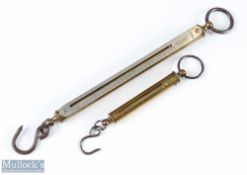 Pair of Hardy Bros brass scales: 50lb brass with nickel silver scale, salmon; 4lb all brass,