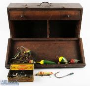 FLY TYING KIT: Portable fly-tying kit in a vintage stained wooden carry chest, with noted contents