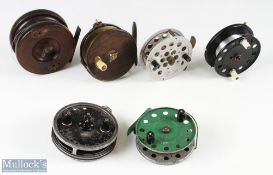 A collection of wood and metal centre pin reels: 1x unnamed centre pin reel, 3 1/2