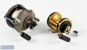 Grice & Young 'Tatler' multiplying sea reel with rod clamp and wing nuts, surface wear apparent,