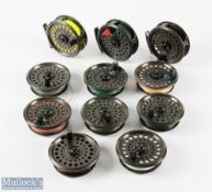 2x K P Morritt Intrepid Rimfly lightweight 3 1/2 fly reels - with 9 spare spools, all with signs