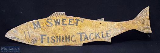c1950 M Sweet's Fishing Tackle Salmon Shaped Metal Shop Sign, painted on both sides, this has hung