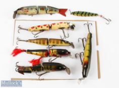 Collection of large articulated and solid Pike Lures by Heddon, Dam, and others (6)