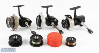 3x ABU fixed spool reels with spare spools features a Cardinal 40 Model A LHW stamped 790800, ABU