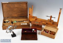 A collection of fly tying and rod building equipment, made up of - 1x scratch built rod building