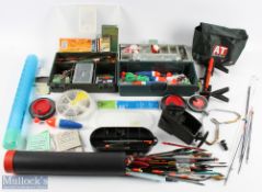 A collection of bait fishing equipment, made up of 1x large box with sea/pike floats and hooks; 1x