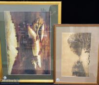 2x large Fishing Prints, a large picture of Salmon on riverbank, from an oil by H L Rolfe