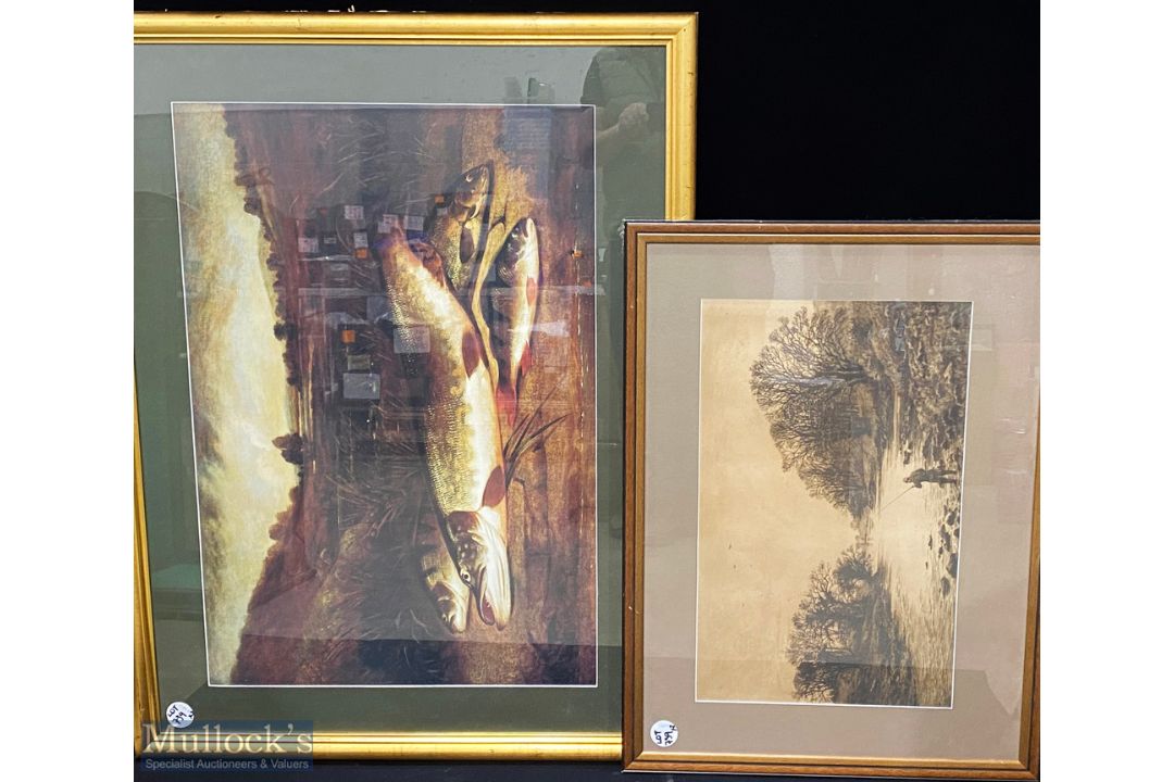 2x large Fishing Prints, a large picture of Salmon on riverbank, from an oil by H L Rolfe - Image 1 of 3