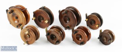 8x Various wood and brass strapback reels includes a Milwards stamped 3