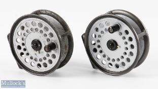 2x Hardy Bros Viscount 150 alloy fly reels black handles, quick release spools, A/G overall