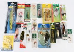 Collection of unused artificial fishing baits made up of naturalistic, wigglers and spoons, all in