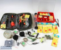 A Double T zipped tackle case, pike floats, wagglers, weights and a tube of floats, Drennan and